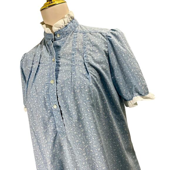 Vintage 80s Blue Top Best Times Floral Ruffle High Neck Smocked Blouse Medium - Picture 2 of 9